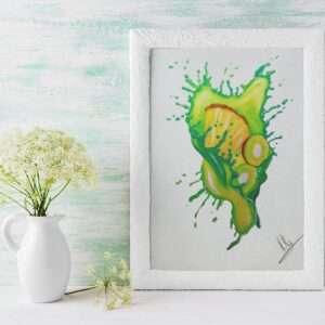 Druck tropischer Früchte mit Splash in Grün und Gelb – Kiwi und Ananas als farbenfrohes Kunstwerk von Nia Moody5