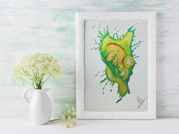 Druck tropischer Früchte mit Splash in Grün und Gelb – Kiwi und Ananas als farbenfrohes Kunstwerk von Nia Moody5