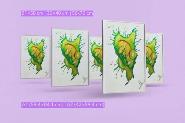 Druck tropischer Früchte mit Splash in Grün und Gelb – Kiwi und Ananas als farbenfrohes Kunstwerk von Nia Moody4
