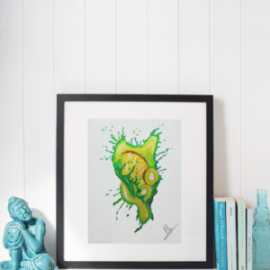 Druck tropischer Früchte mit Splash in Grün und Gelb – Kiwi und Ananas als farbenfrohes Kunstwerk von Nia Moody3