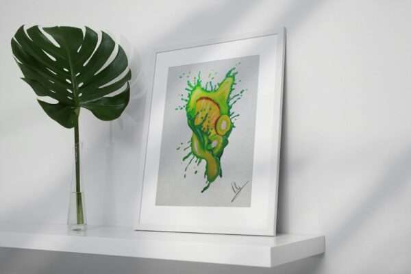 Druck tropischer Früchte mit Splash in Grün und Gelb – Kiwi und Ananas als farbenfrohes Kunstwerk von Nia Moody2