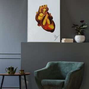 Druck eines anatomischen Herzens in goldgelben und rötlich-braunen Tönen – Kunstwerk von Nia Moody9