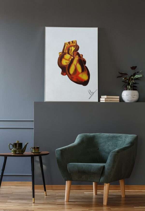 Druck eines anatomischen Herzens in goldgelben und rötlich-braunen Tönen – Kunstwerk von Nia Moody9
