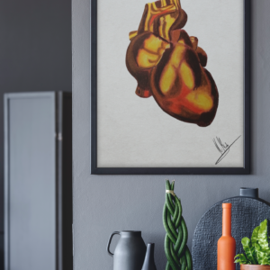 Druck eines anatomischen Herzens in goldgelben und rötlich-braunen Tönen – Kunstwerk von Nia Moody7