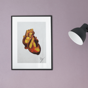 Druck eines anatomischen Herzens in goldgelben und rötlich-braunen Tönen – Kunstwerk von Nia Moody6