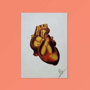Druck eines anatomischen Herzens in goldgelben und rötlich-braunen Tönen – Kunstwerk von Nia Moody