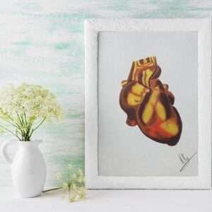 Druck eines anatomischen Herzens in goldgelben und rötlich-braunen Tönen – Kunstwerk von Nia Moody5