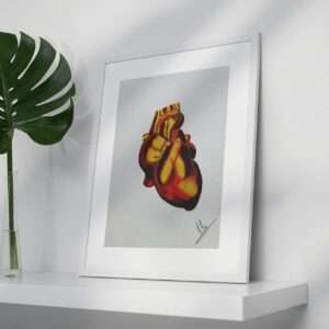 Druck eines anatomischen Herzens in goldgelben und rötlich-braunen Tönen – Kunstwerk von Nia Moody2
