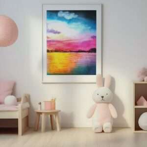Druck eines farbintensiven Sonnenuntergangs mit Wasser und Himmel in Magenta, Blau und Gelb – Kunstwerk von Nia Moody10
