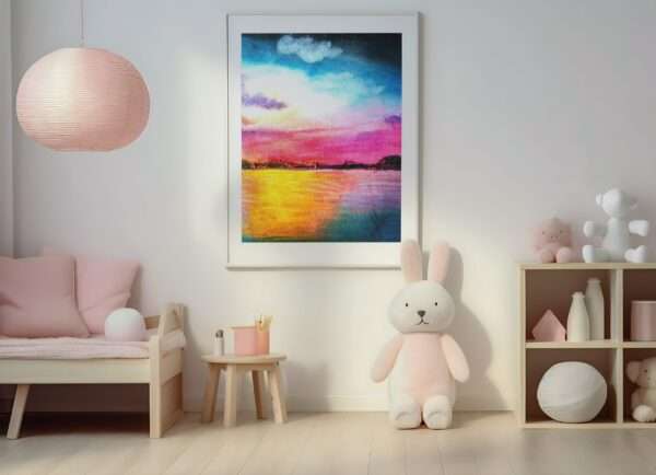 Druck eines farbintensiven Sonnenuntergangs mit Wasser und Himmel in Magenta, Blau und Gelb – Kunstwerk von Nia Moody10