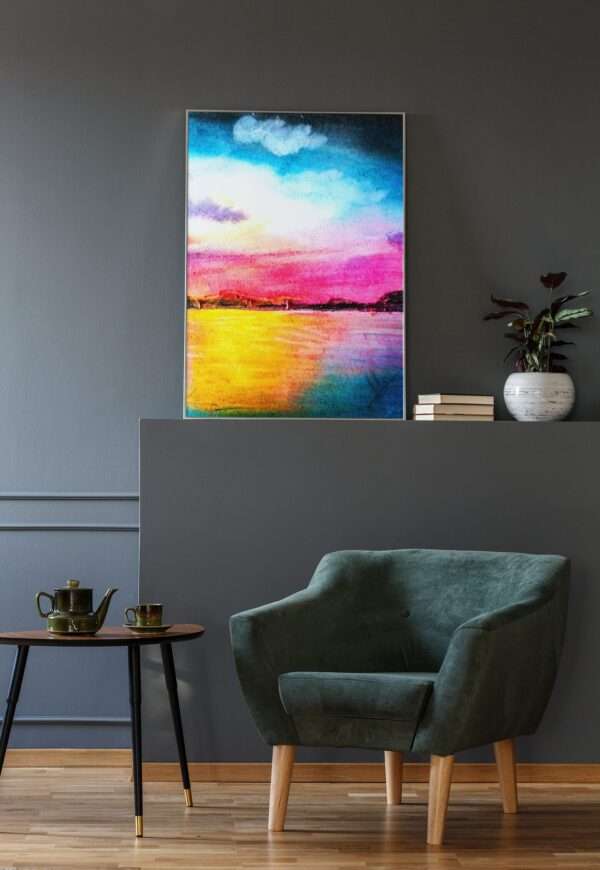 Druck eines farbintensiven Sonnenuntergangs mit Wasser und Himmel in Magenta, Blau und Gelb – Kunstwerk von Nia Moody9