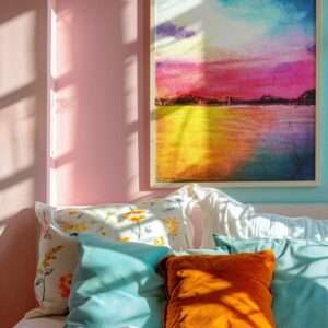 Druck eines farbintensiven Sonnenuntergangs mit Wasser und Himmel in Magenta, Blau und Gelb – Kunstwerk von Nia Moody8