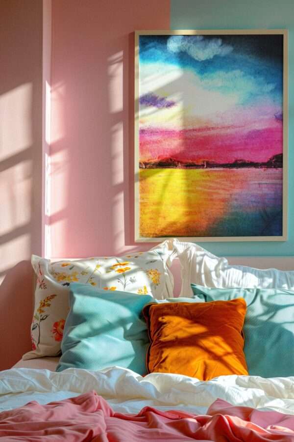 Druck eines farbintensiven Sonnenuntergangs mit Wasser und Himmel in Magenta, Blau und Gelb – Kunstwerk von Nia Moody8
