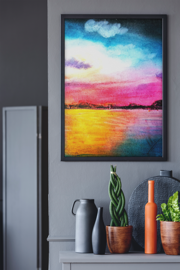 Druck eines farbintensiven Sonnenuntergangs mit Wasser und Himmel in Magenta, Blau und Gelb – Kunstwerk von Nia Moody7