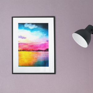Druck eines farbintensiven Sonnenuntergangs mit Wasser und Himmel in Magenta, Blau und Gelb – Kunstwerk von Nia Moody6