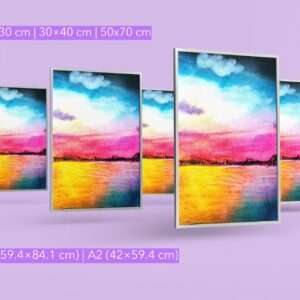 Druck eines farbintensiven Sonnenuntergangs mit Wasser und Himmel in Magenta, Blau und Gelb – Kunstwerk von Nia Moody4