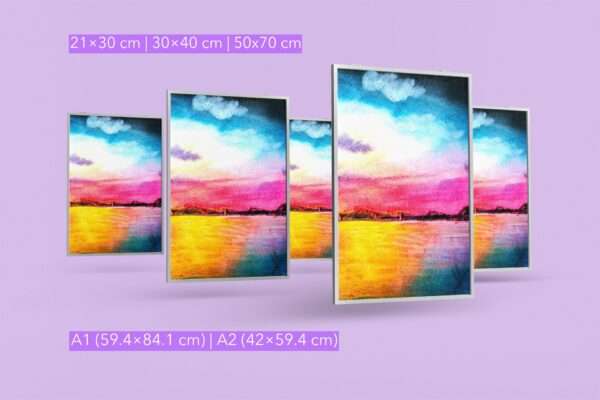 Druck eines farbintensiven Sonnenuntergangs mit Wasser und Himmel in Magenta, Blau und Gelb – Kunstwerk von Nia Moody4