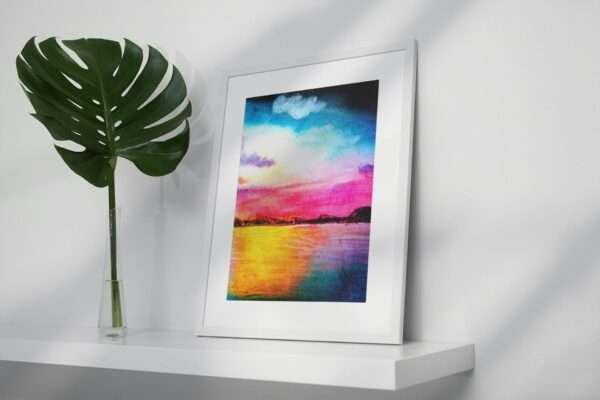 Druck eines farbintensiven Sonnenuntergangs mit Wasser und Himmel in Magenta, Blau und Gelb – Kunstwerk von Nia Moody2